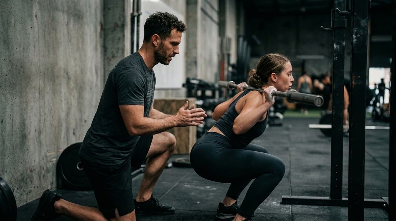 Coach correcting a client's form during training